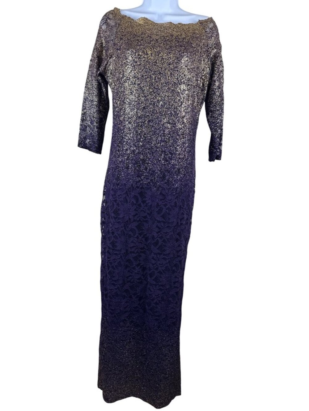 Marina Gold Purple Ombre Lace Sparkle Maxi Gown Dress Size 10 Formal Evening